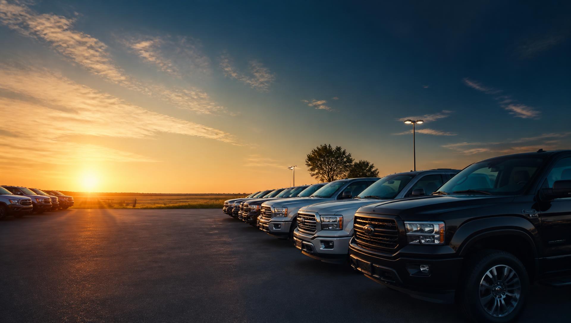 Woody Family Used Cars lot at sunset in Moore, Oklahoma